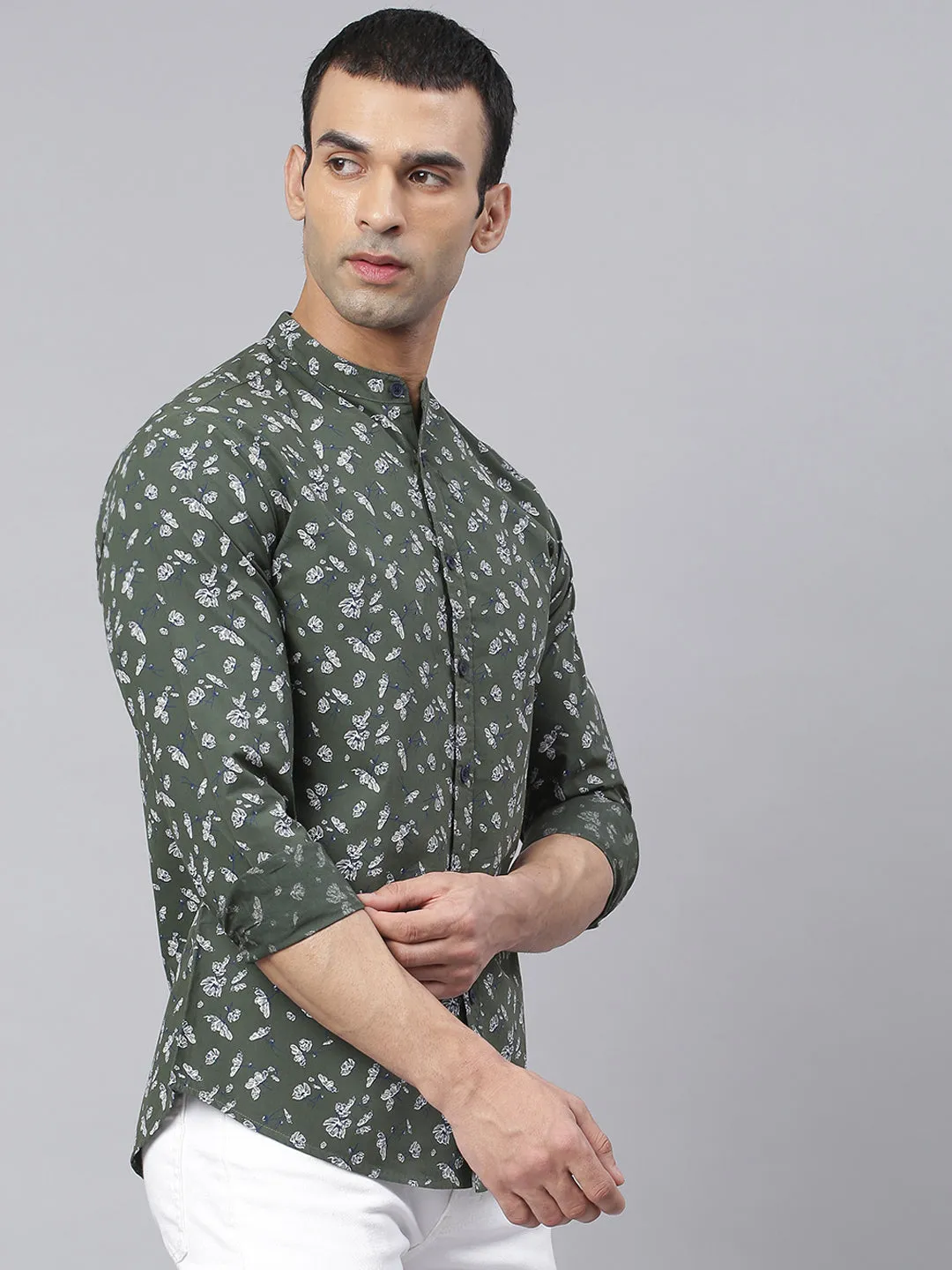 Men's Floral Prints Mandarin Collar Full Sleeves Slim Shirt (Green)