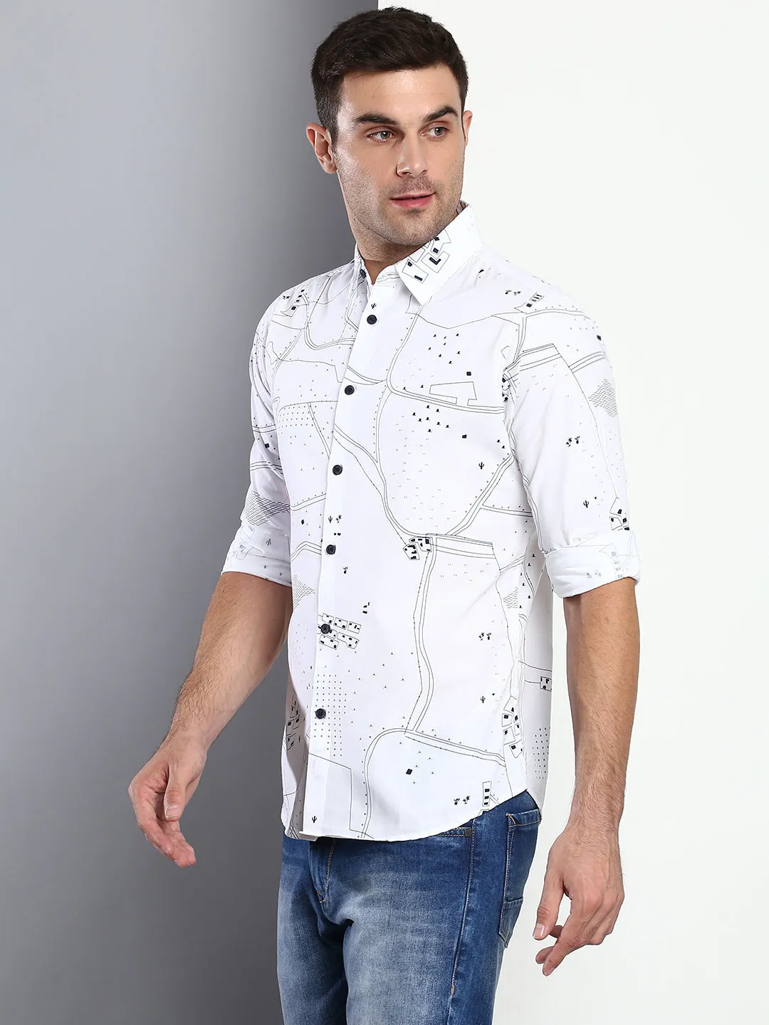 Men's Geometric Print White Slim Fit Cotton Casual Shirt With Spread Collar & Full Sleeves