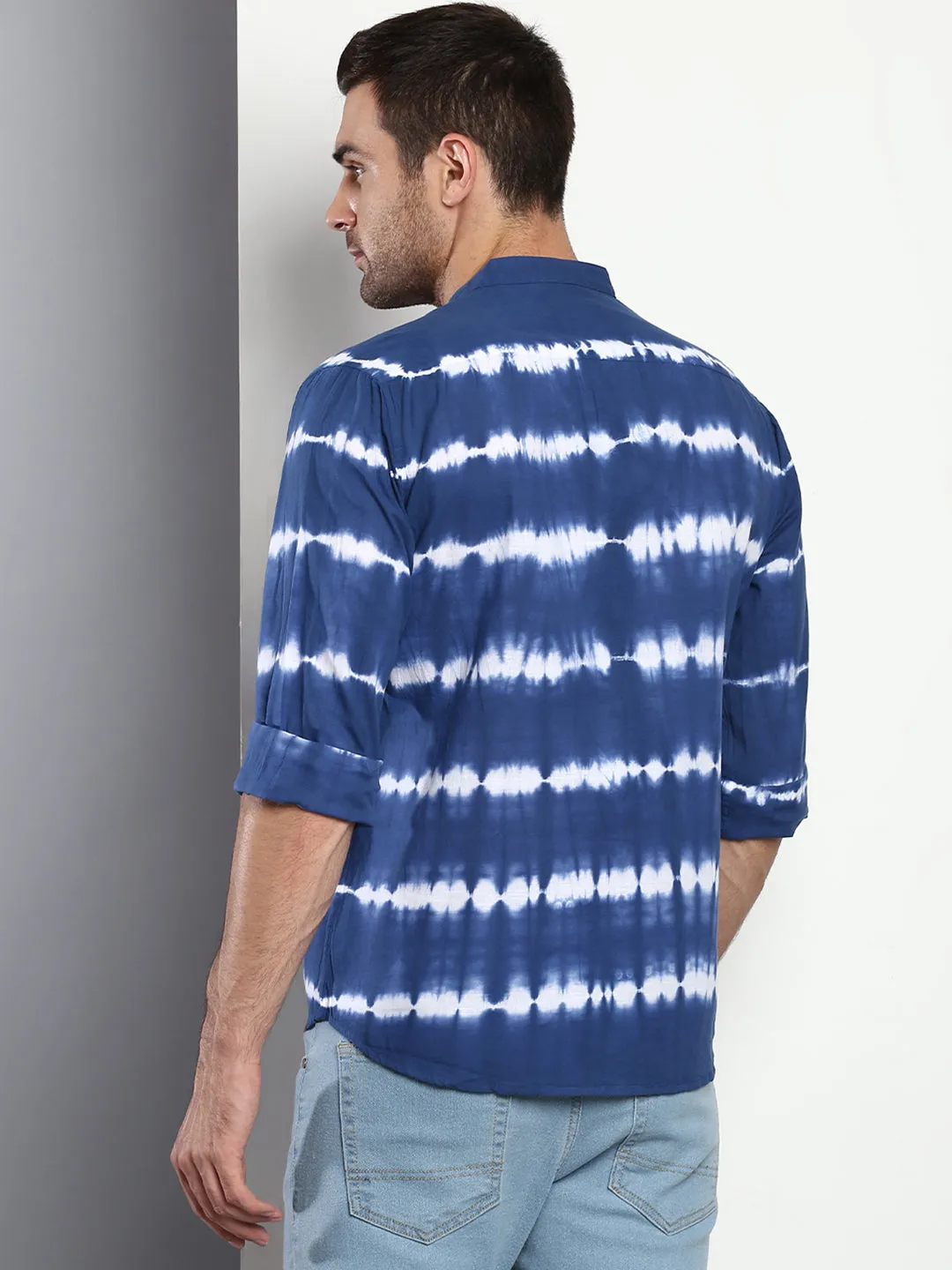Men's Ombre Indigo Slim Fit Cotton Casual Shirt With Mandarin Collar & Full Sleeves