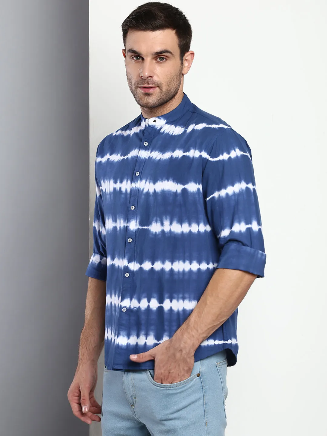 Men's Ombre Indigo Slim Fit Cotton Casual Shirt With Mandarin Collar & Full Sleeves