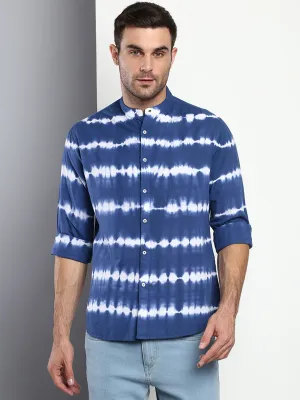 Men's Ombre Indigo Slim Fit Cotton Casual Shirt With Mandarin Collar & Full Sleeves