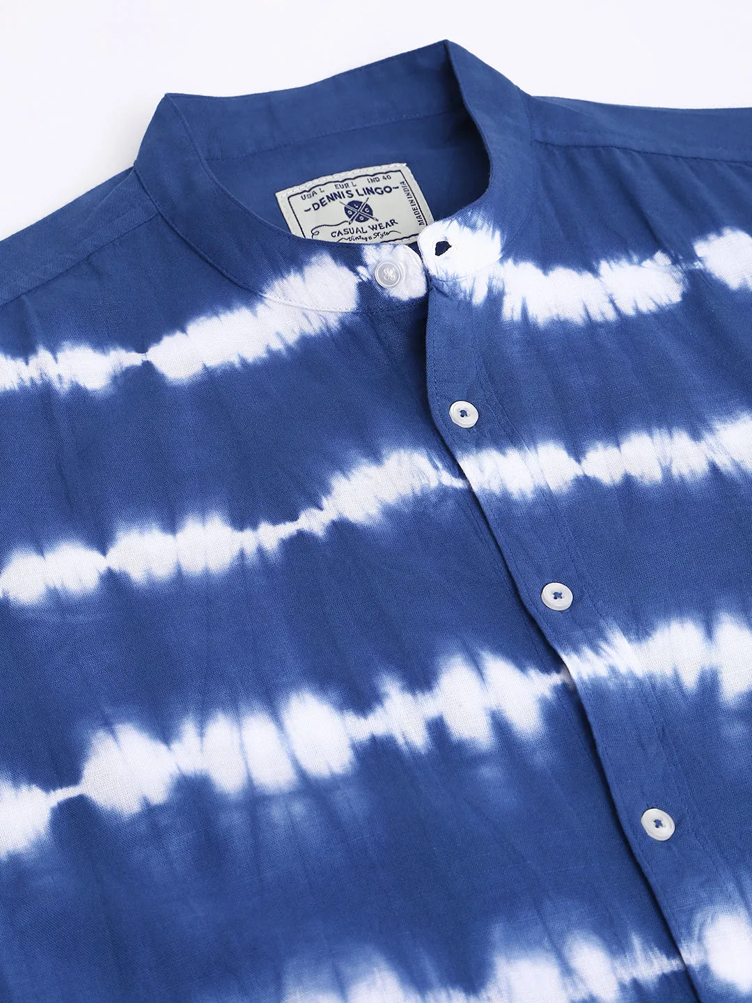 Men's Ombre Indigo Slim Fit Cotton Casual Shirt With Mandarin Collar & Full Sleeves
