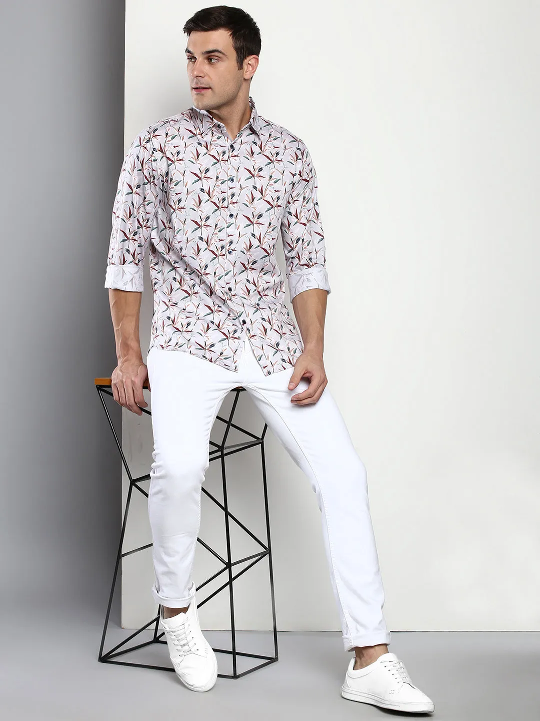 Men's Printed Grey Slim Fit Satin Casual Shirt With Spread Collar & Full Sleeves (C9063_Grey_S)