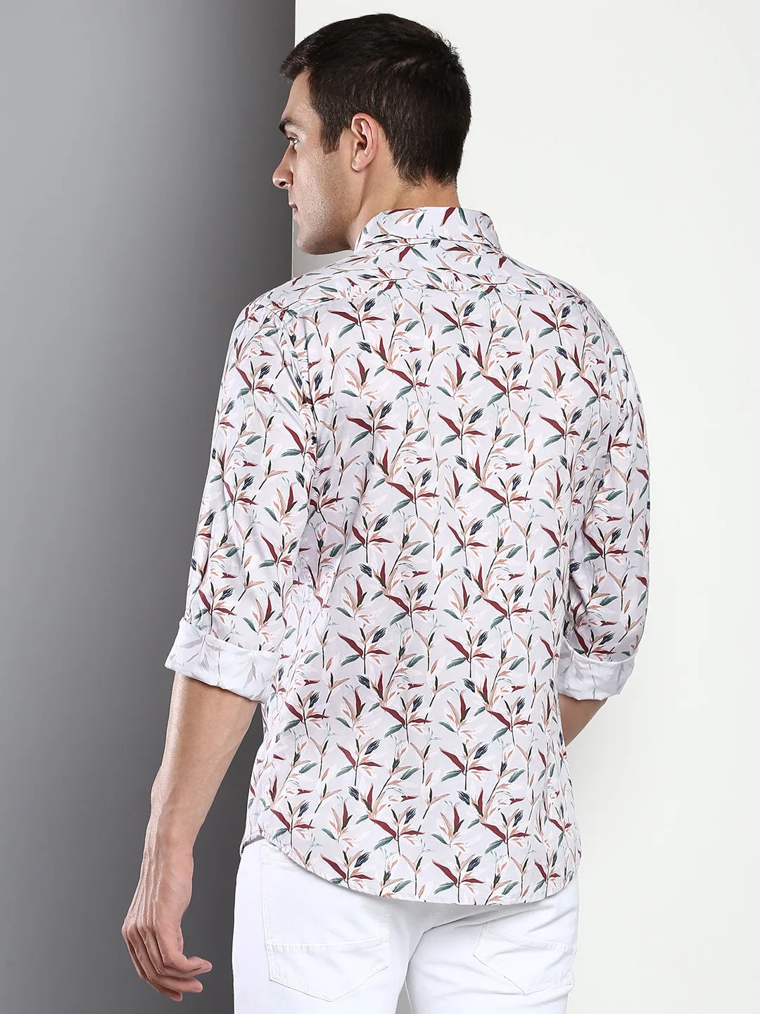 Men's Printed Grey Slim Fit Satin Casual Shirt With Spread Collar & Full Sleeves (C9063_Grey_S)