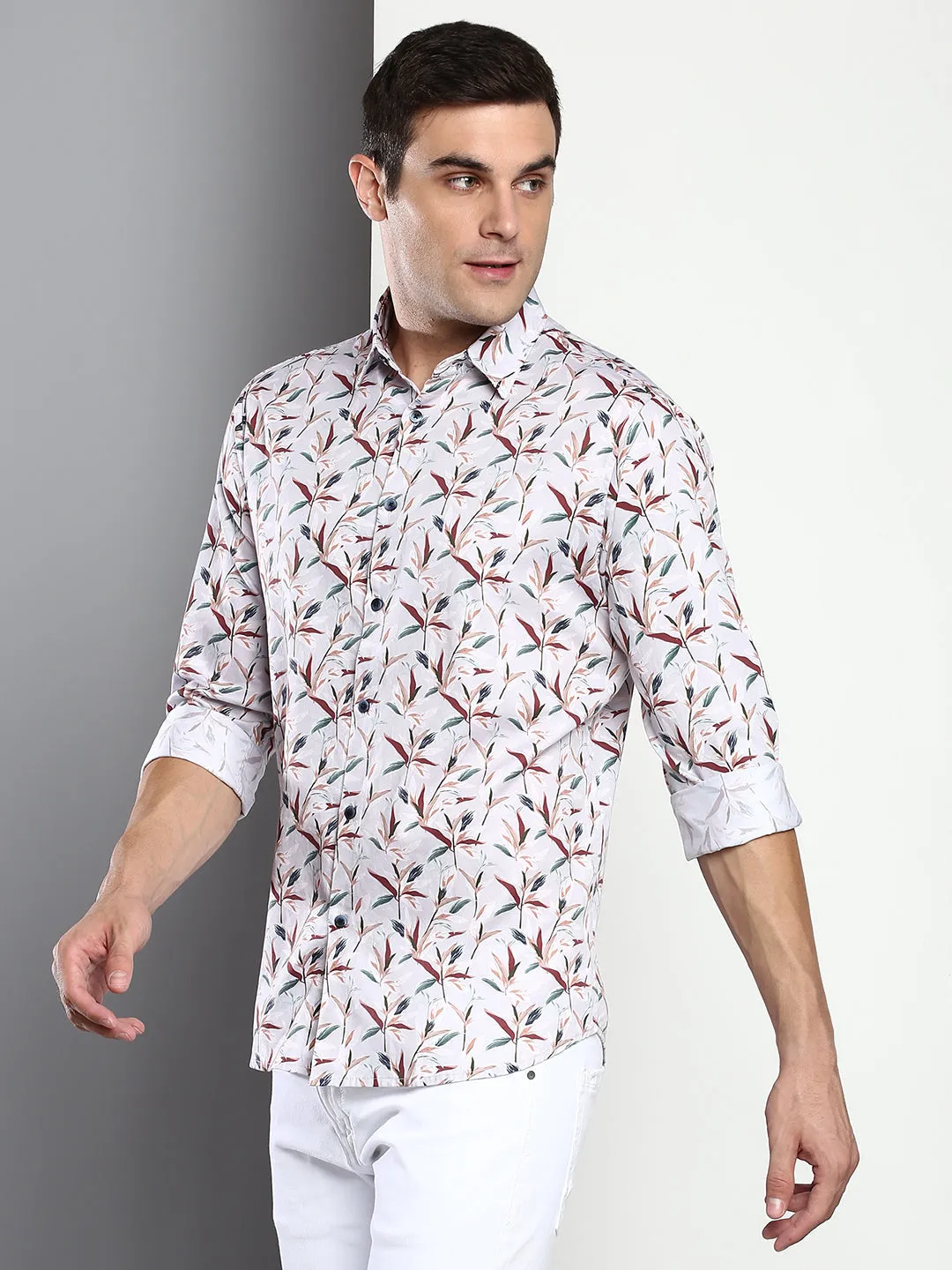 Men's Printed Grey Slim Fit Satin Casual Shirt With Spread Collar & Full Sleeves (C9063_Grey_S)