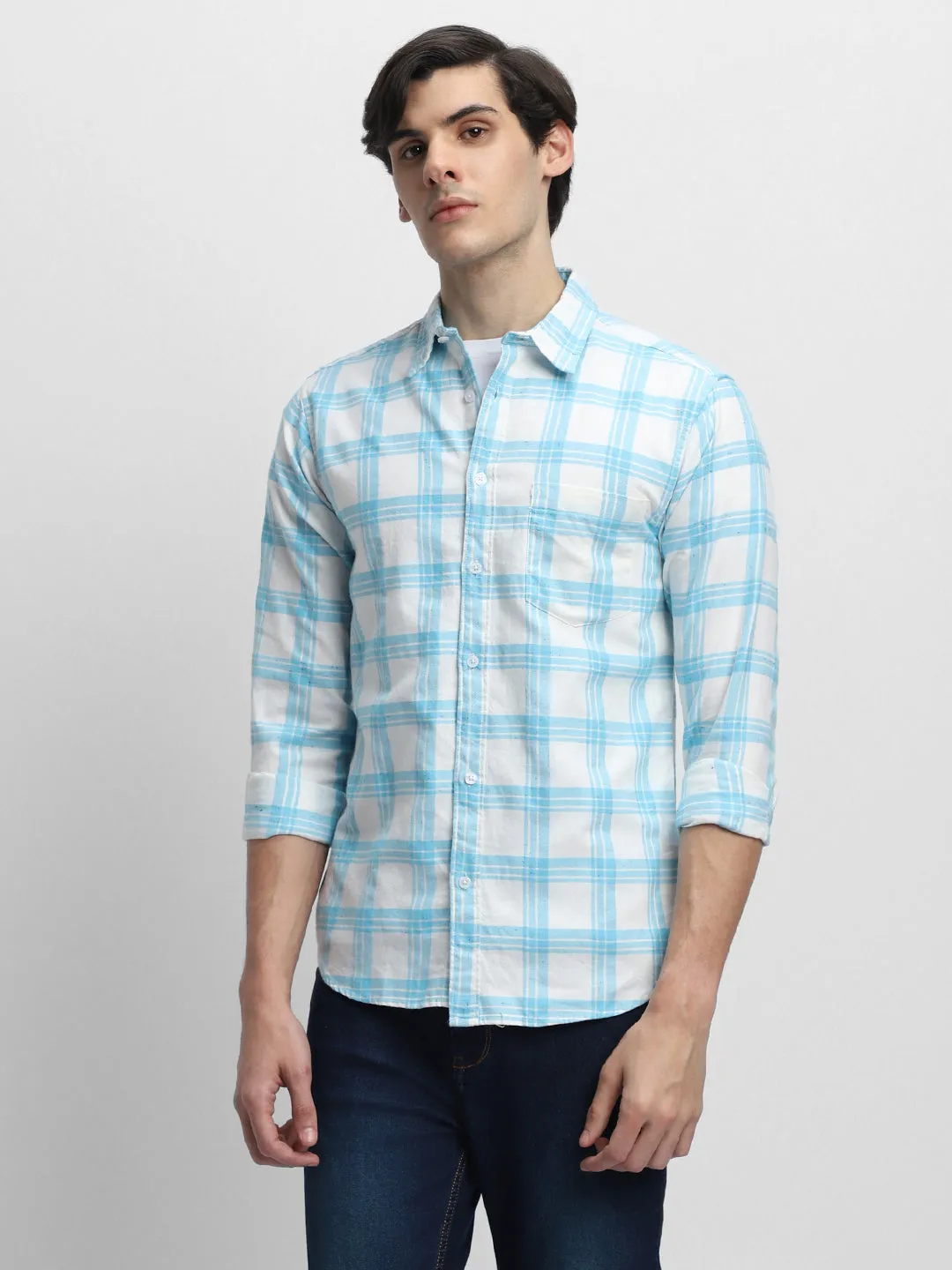 Men's Slim Fit Windowpane Checked Pure Cotton Casual Shirt