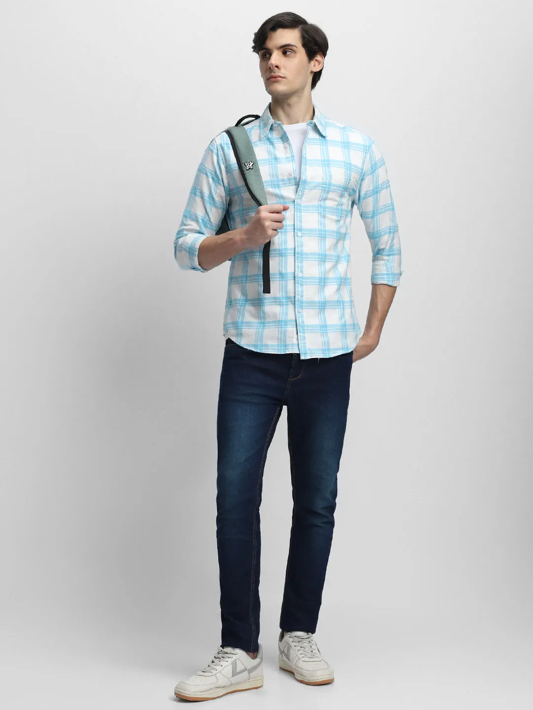 Men's Slim Fit Windowpane Checked Pure Cotton Casual Shirt
