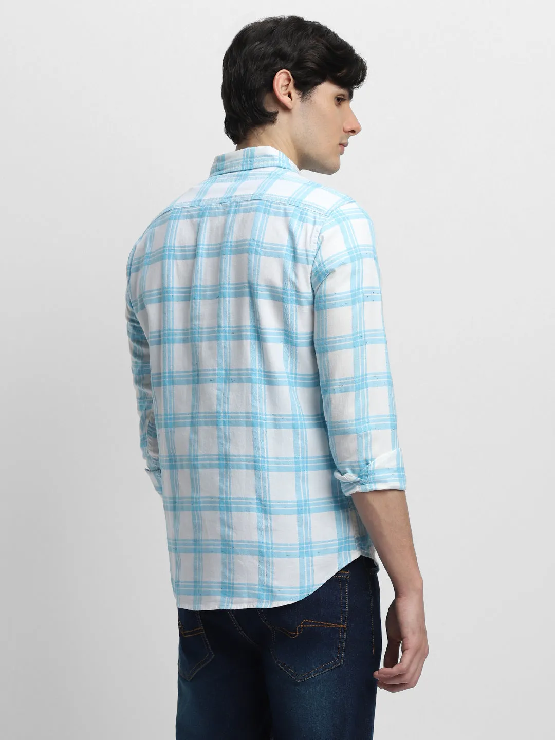 Men's Slim Fit Windowpane Checked Pure Cotton Casual Shirt