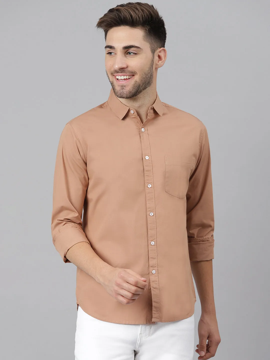 Men's Solid Camel Brown Slim Fit Cotton Casual Shirt