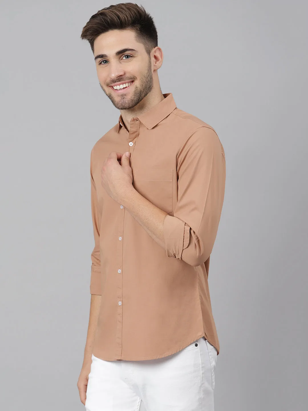 Men's Solid Camel Brown Slim Fit Cotton Casual Shirt