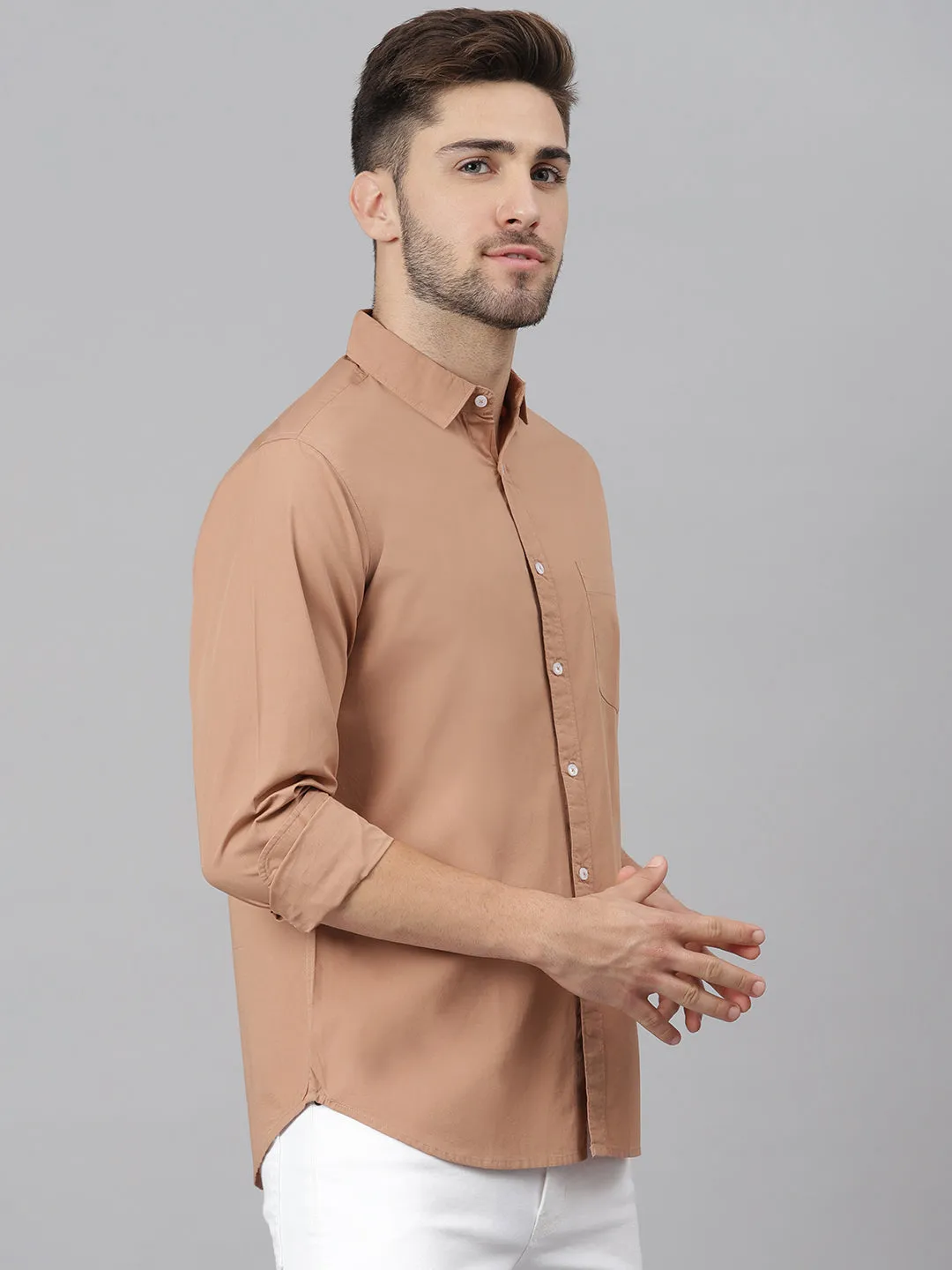 Men's Solid Camel Brown Slim Fit Cotton Casual Shirt