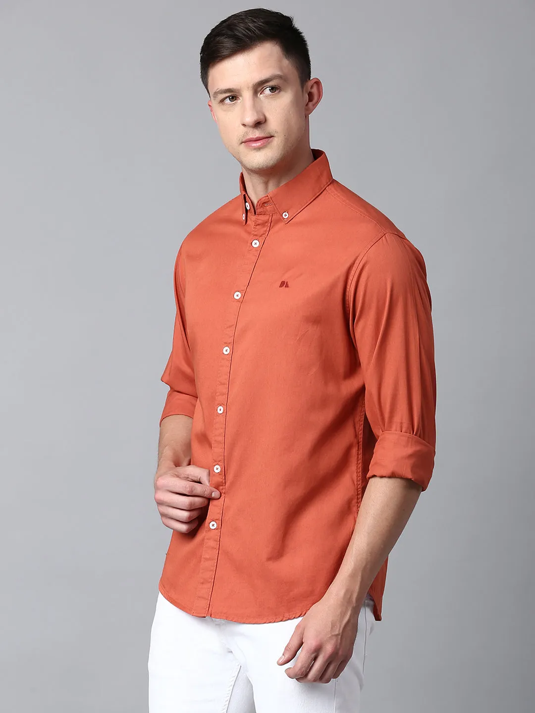 Men's Solid Dusty Orange Slim Fit Casual Shirt With Button Down