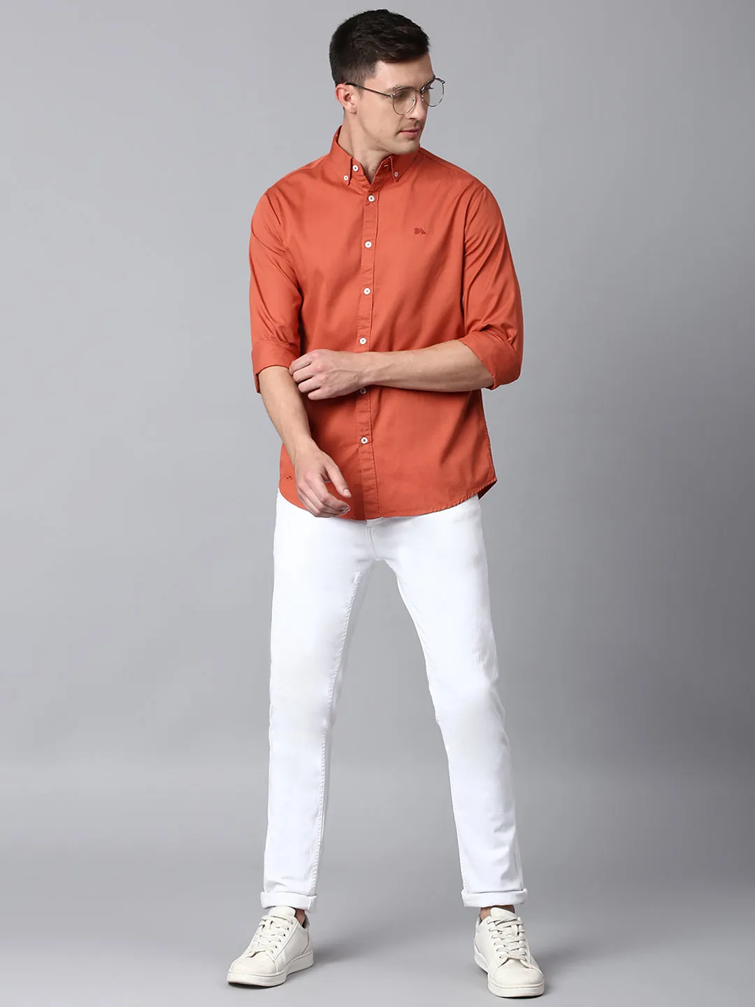 Men's Solid Dusty Orange Slim Fit Casual Shirt With Button Down
