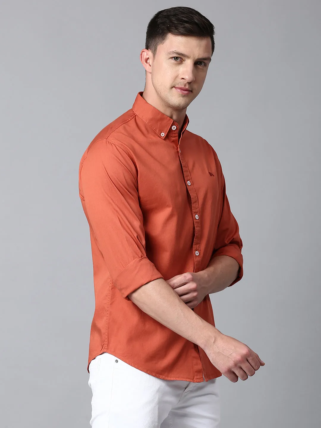 Men's Solid Dusty Orange Slim Fit Casual Shirt With Button Down