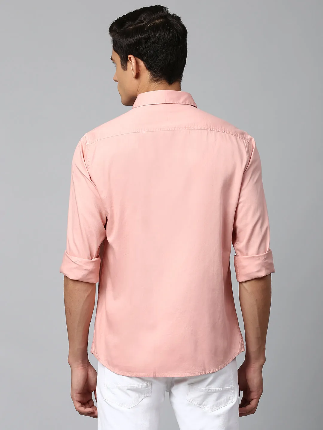 Men's Solid Dusty Peach Slim Fit Casual Shirt With Spread Collar