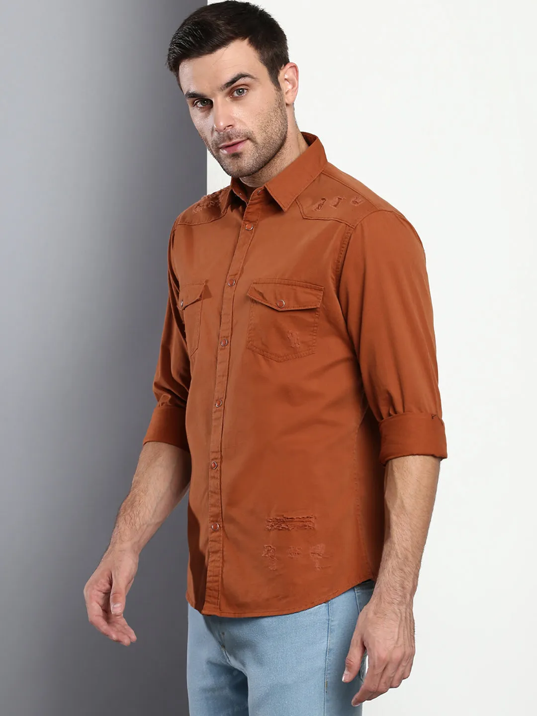 Men's Solid Slim Fit Spread Collar Cotton Casual Shirt Rust