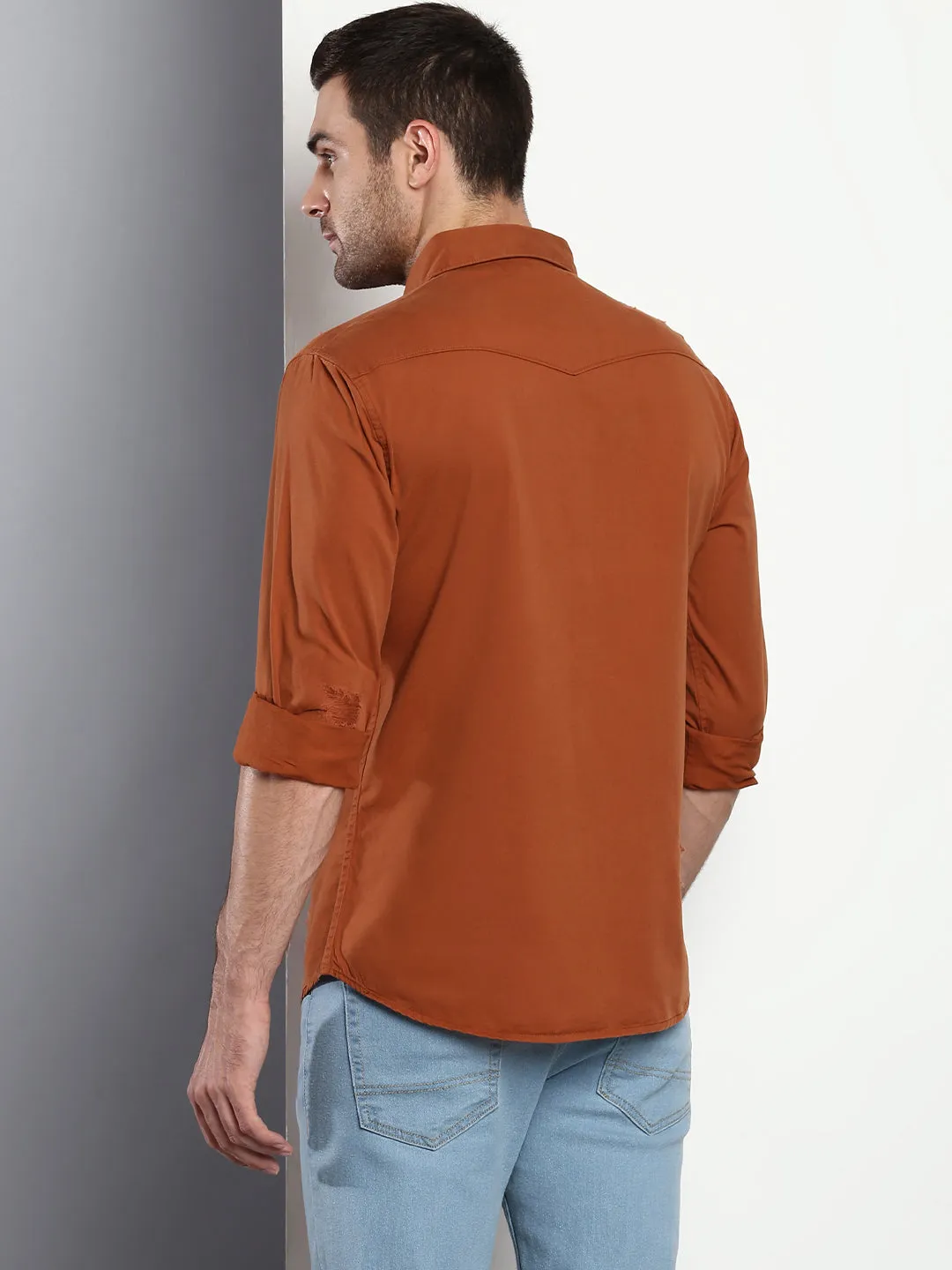 Men's Solid Slim Fit Spread Collar Cotton Casual Shirt Rust