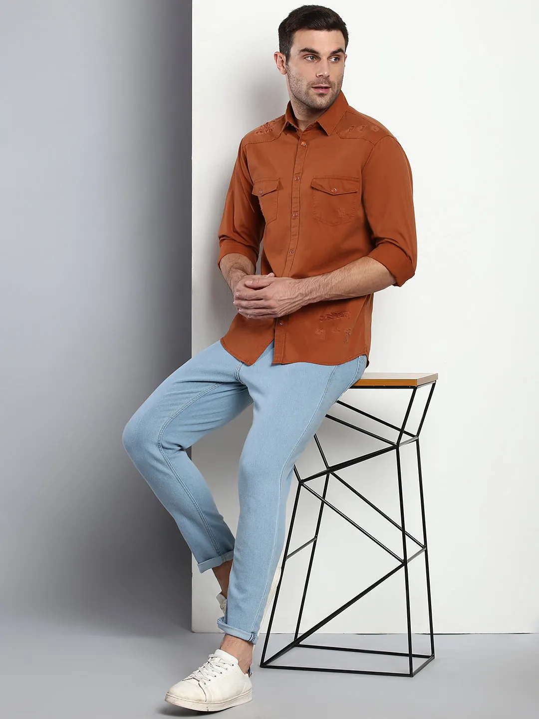 Men's Solid Slim Fit Spread Collar Cotton Casual Shirt Rust