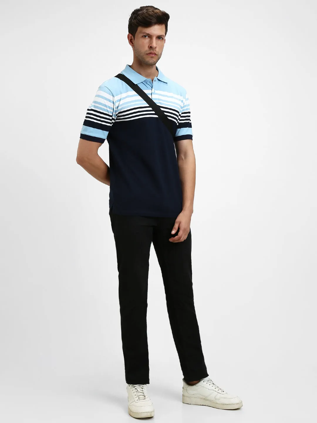Men's Spread Collar Regular Fit Y/D Stripes Navy Polo T-Shirt