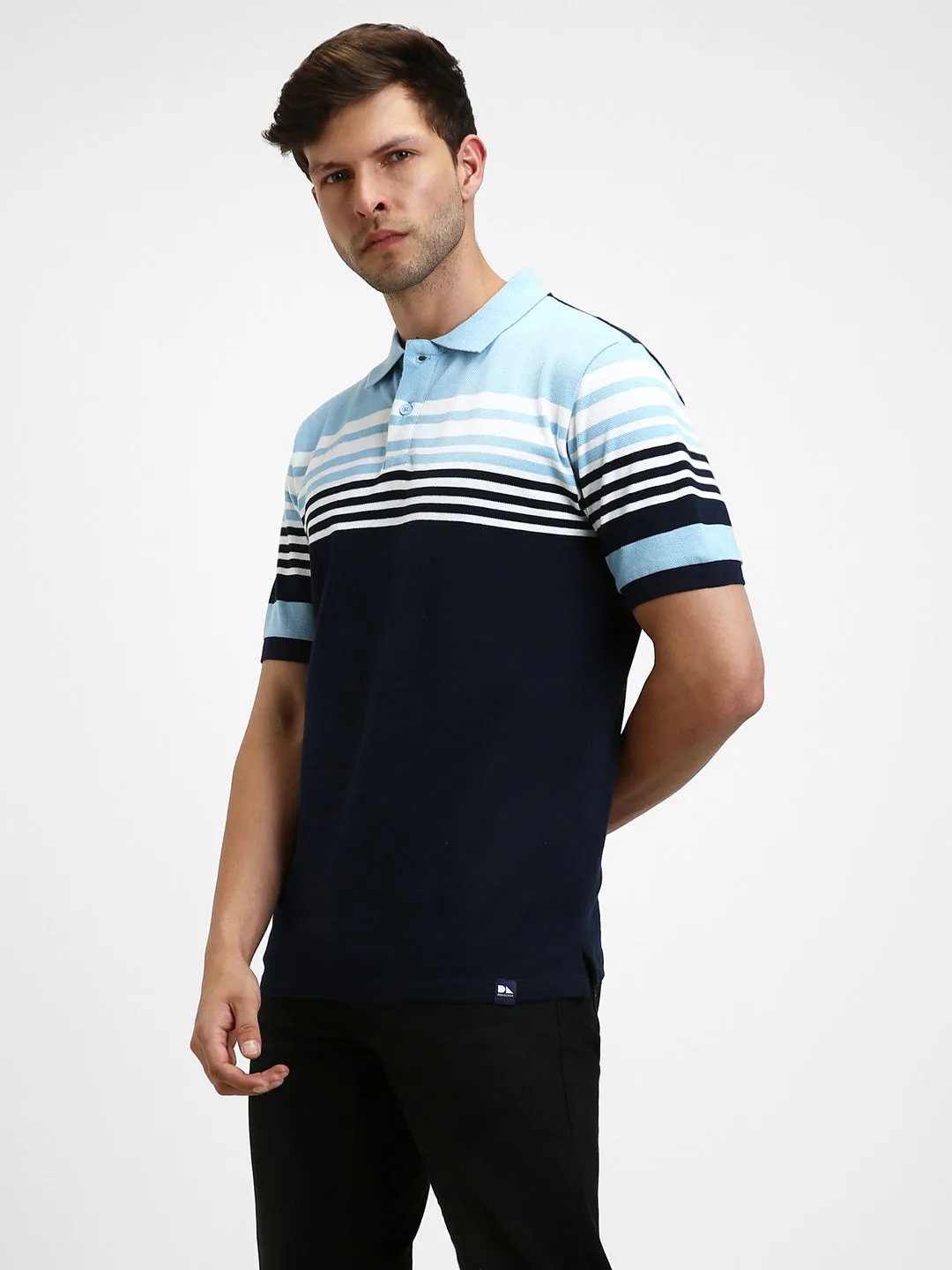 Men's Spread Collar Regular Fit Y/D Stripes Navy Polo T-Shirt