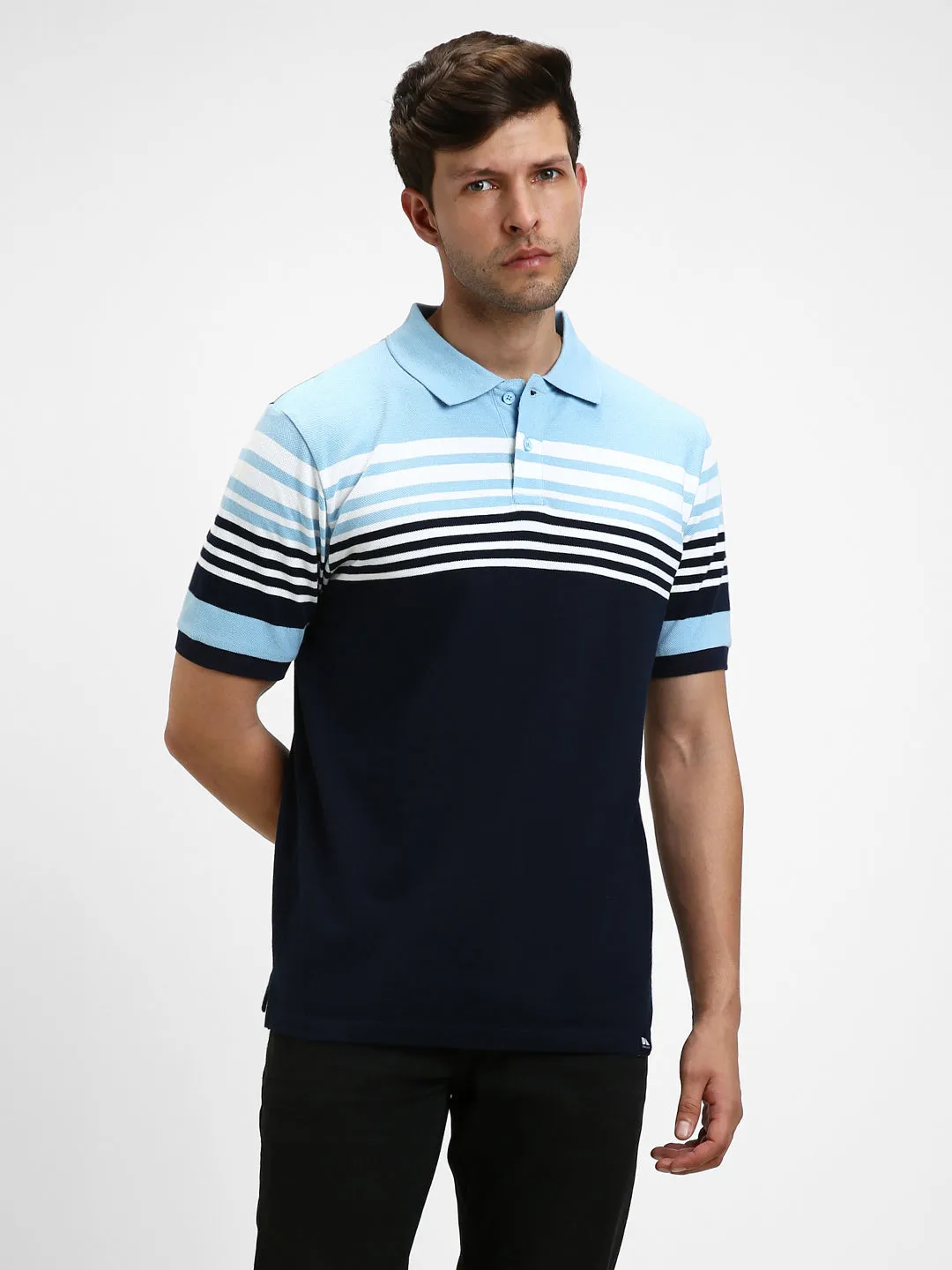 Men's Spread Collar Regular Fit Y/D Stripes Navy Polo T-Shirt