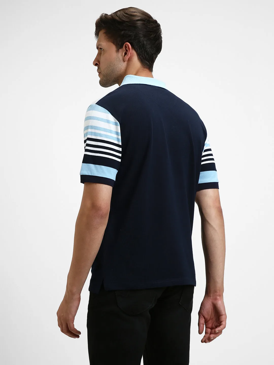 Men's Spread Collar Regular Fit Y/D Stripes Navy Polo T-Shirt