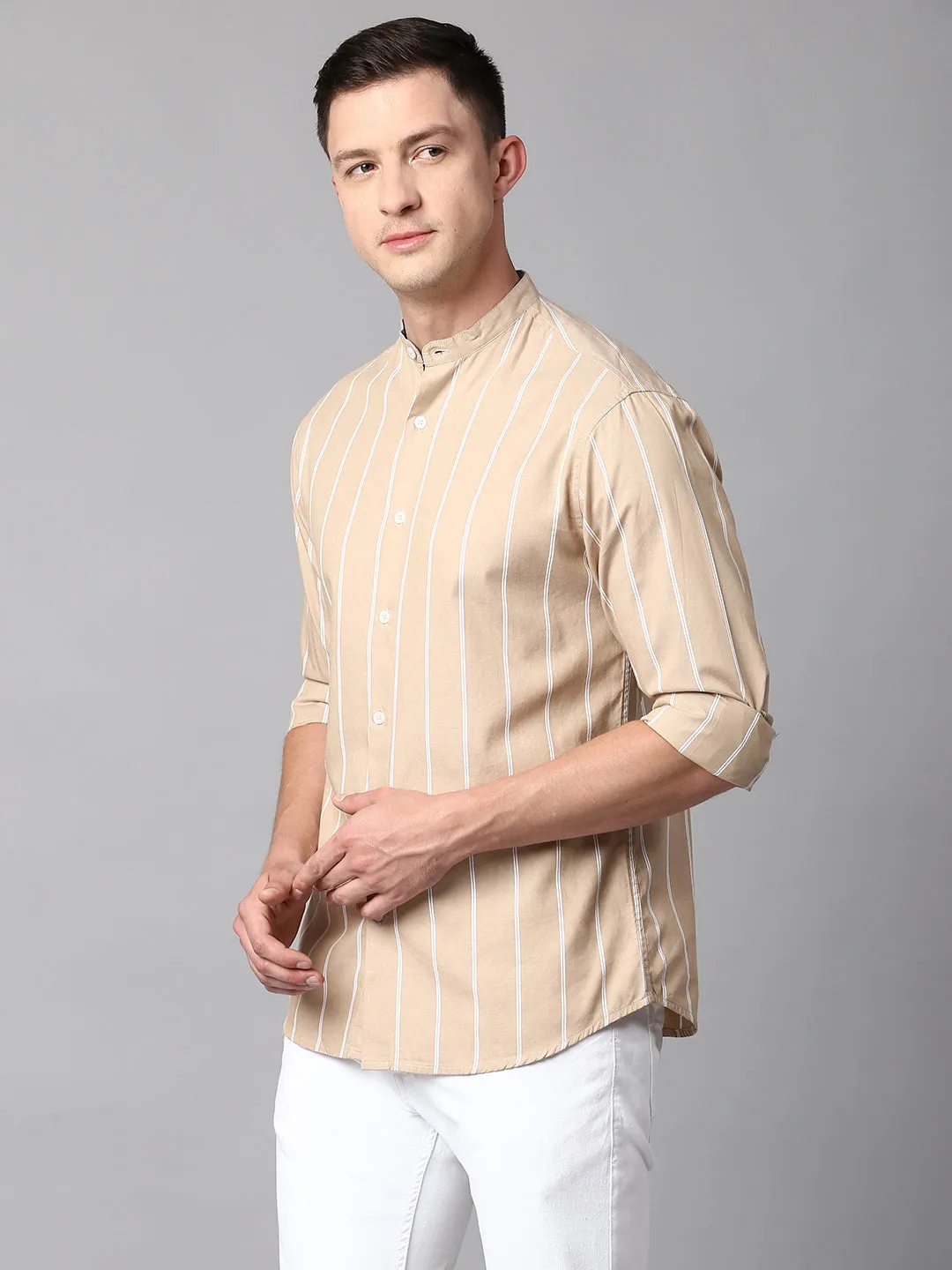 Men's Striped Beige Slim Fit Casual Shirt With Mandarin Collar