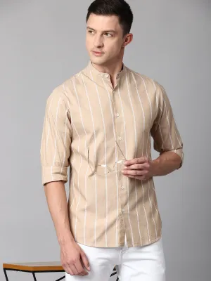 Men's Striped Beige Slim Fit Casual Shirt With Mandarin Collar