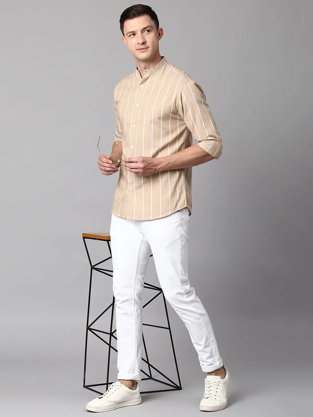 Men's Striped Beige Slim Fit Casual Shirt With Mandarin Collar