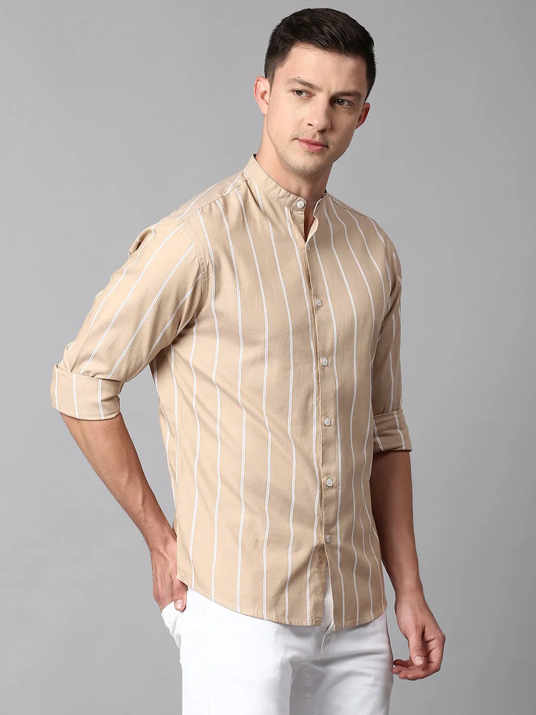 Men's Striped Beige Slim Fit Casual Shirt With Mandarin Collar
