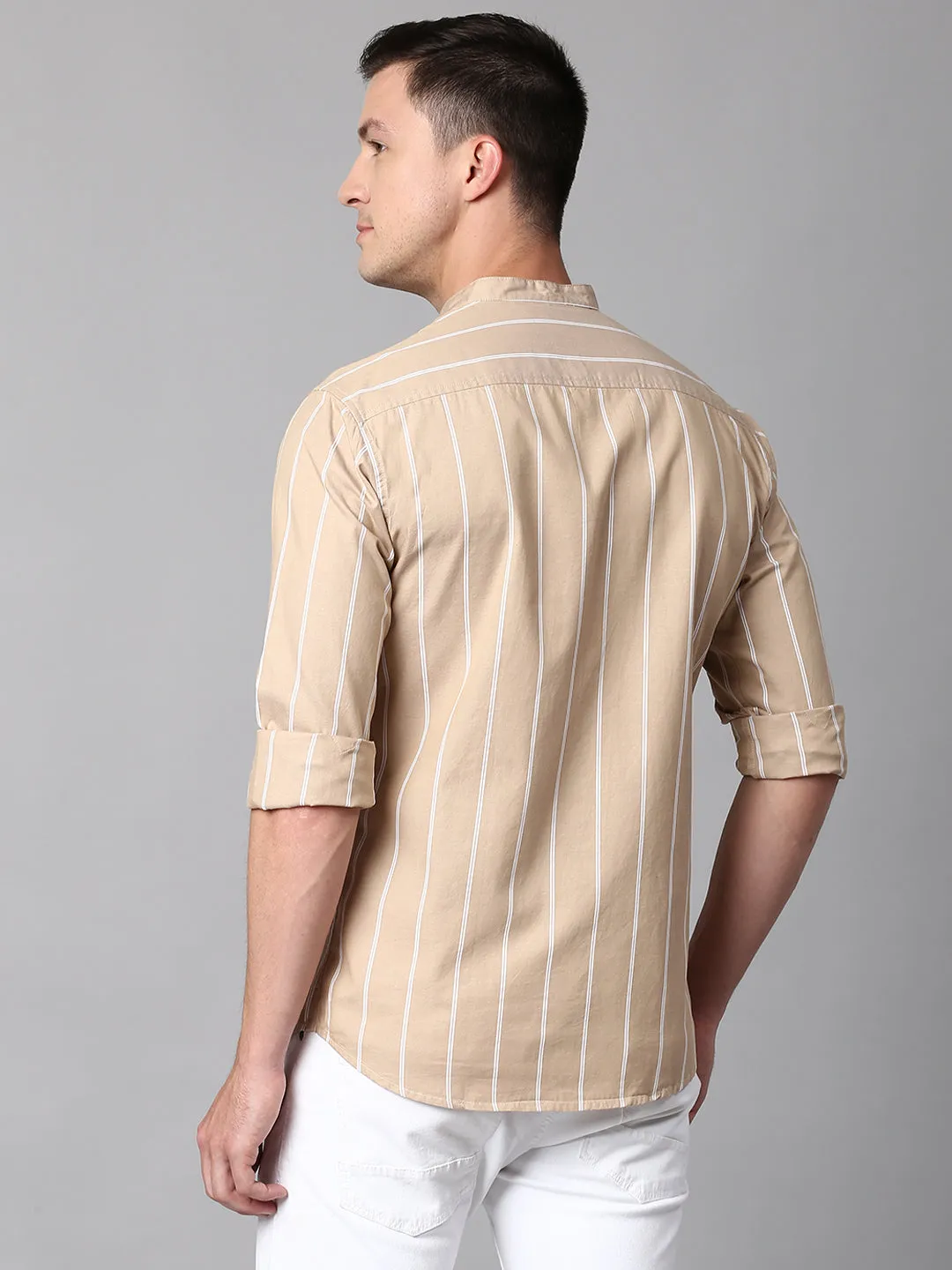 Men's Striped Beige Slim Fit Casual Shirt With Mandarin Collar