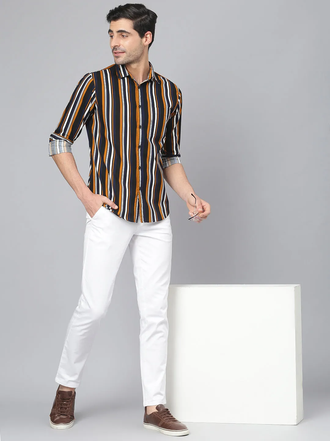 Men's Striped Mustard Slim Fit Cotton Casual Shirt