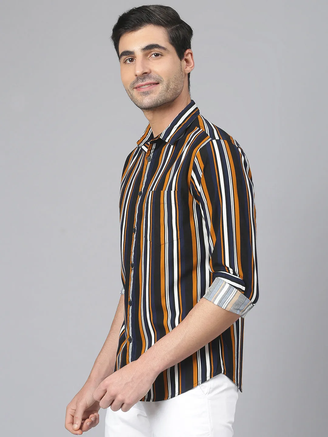 Men's Striped Mustard Slim Fit Cotton Casual Shirt