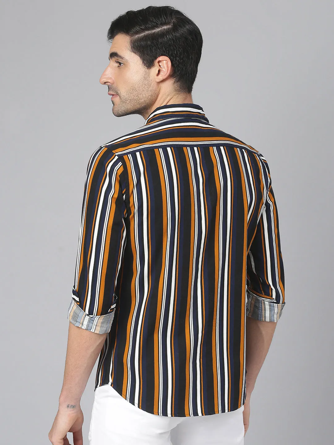 Men's Striped Mustard Slim Fit Cotton Casual Shirt
