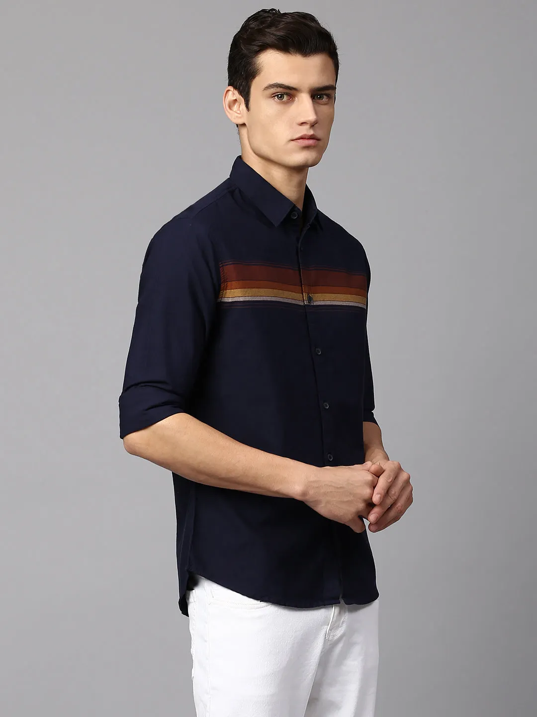 Men's Striped Navy Slim Fit Casual Shirt  Spread Collar
