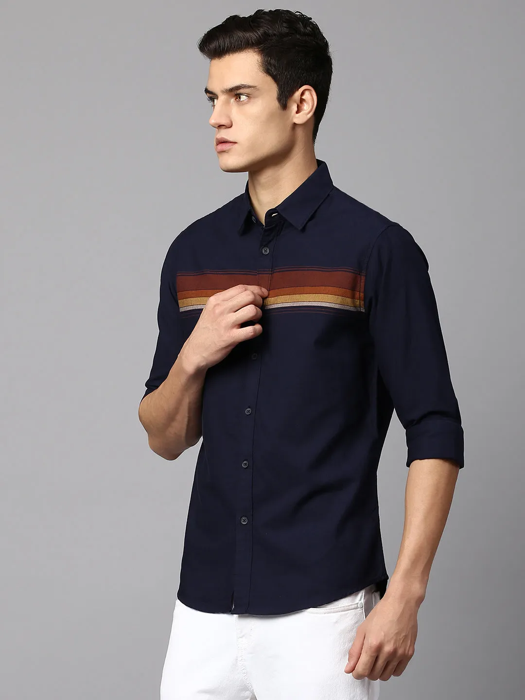 Men's Striped Navy Slim Fit Casual Shirt  Spread Collar