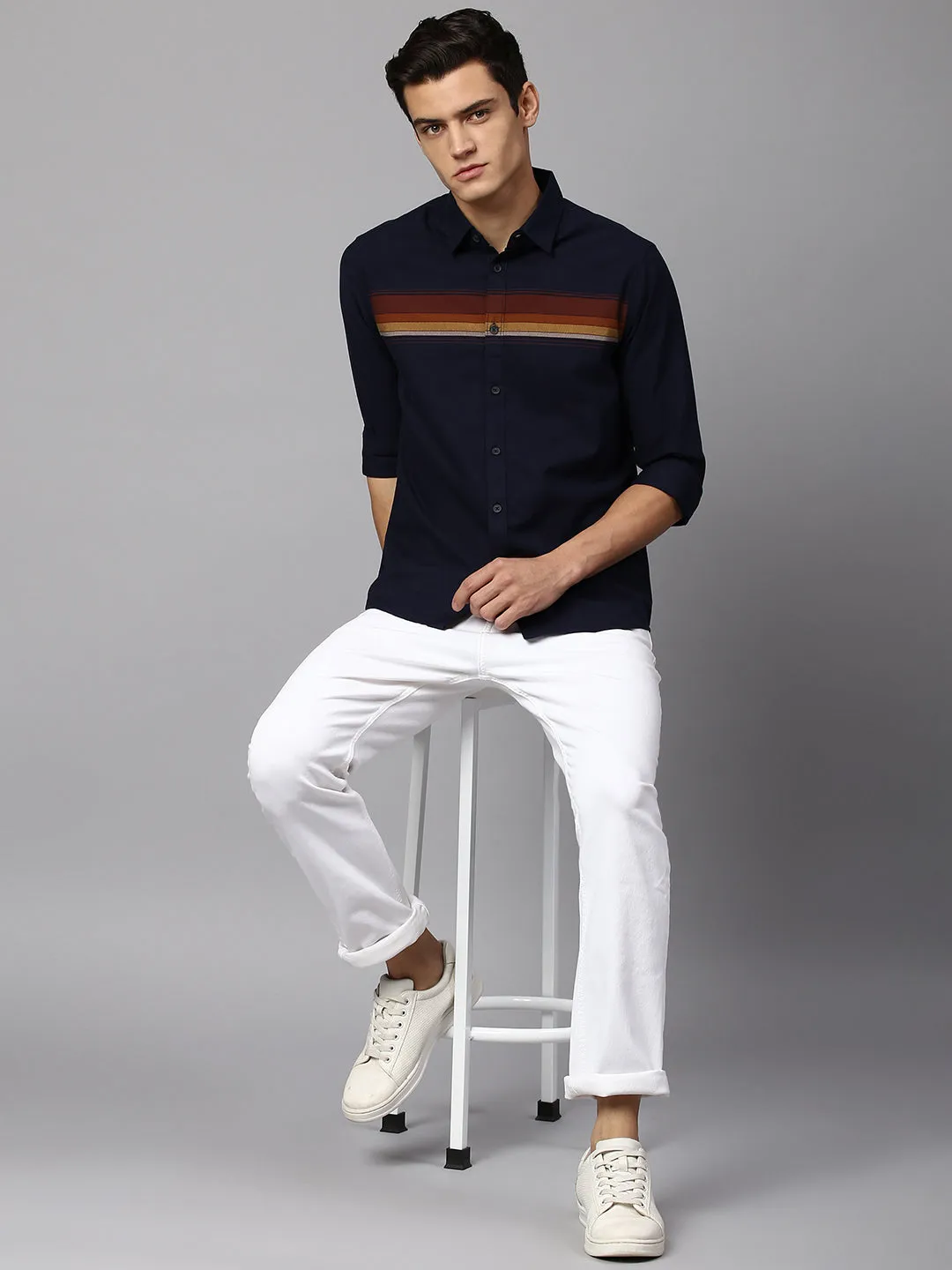 Men's Striped Navy Slim Fit Casual Shirt  Spread Collar