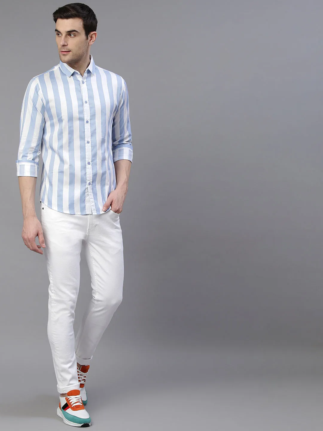 Men's Striped Sky Blue Slim Fit Cotton Casual Shirt