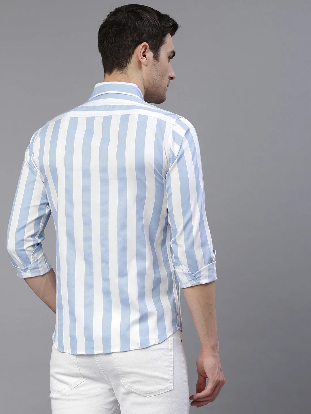Men's Striped Sky Blue Slim Fit Cotton Casual Shirt