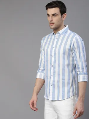 Men's Striped Sky Blue Slim Fit Cotton Casual Shirt