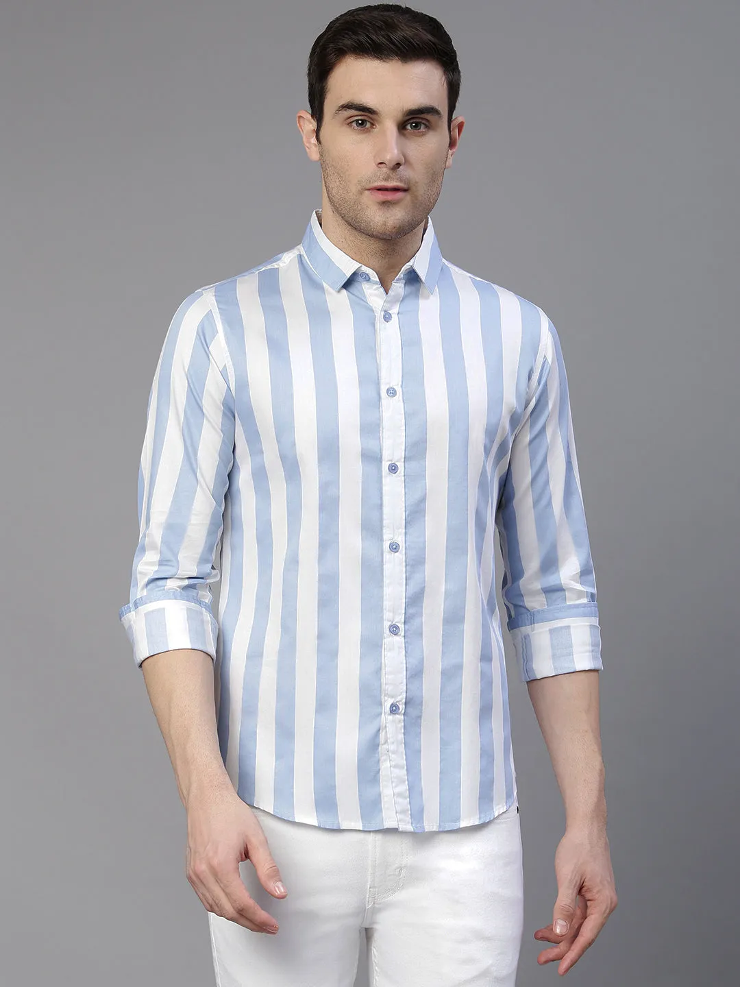 Men's Striped Sky Blue Slim Fit Cotton Casual Shirt
