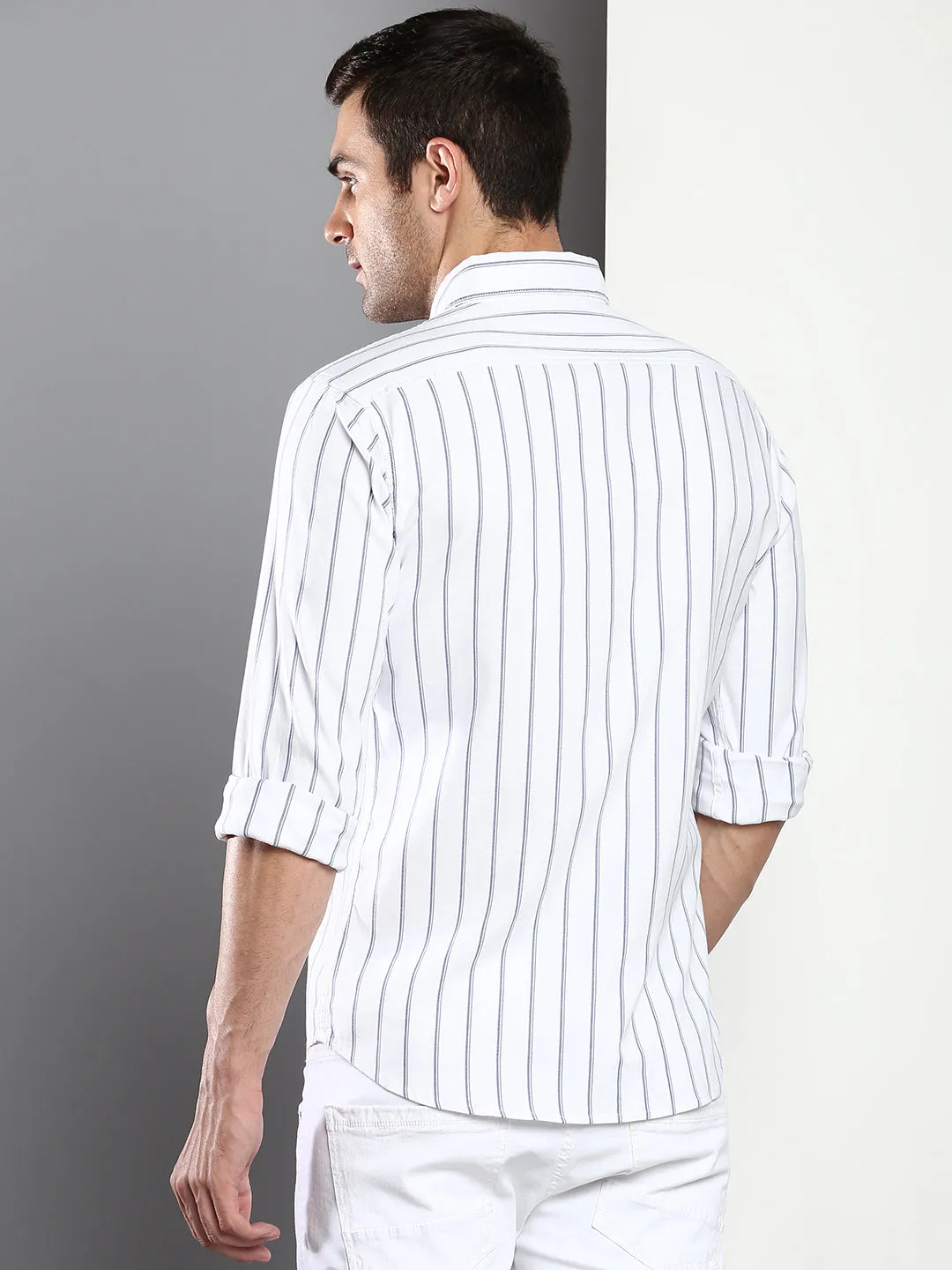 Men's Striped White Slim Fit Oxford Cotton Casual Shirt With Button Down Collar & Full Sleeves (C9040_White_S)