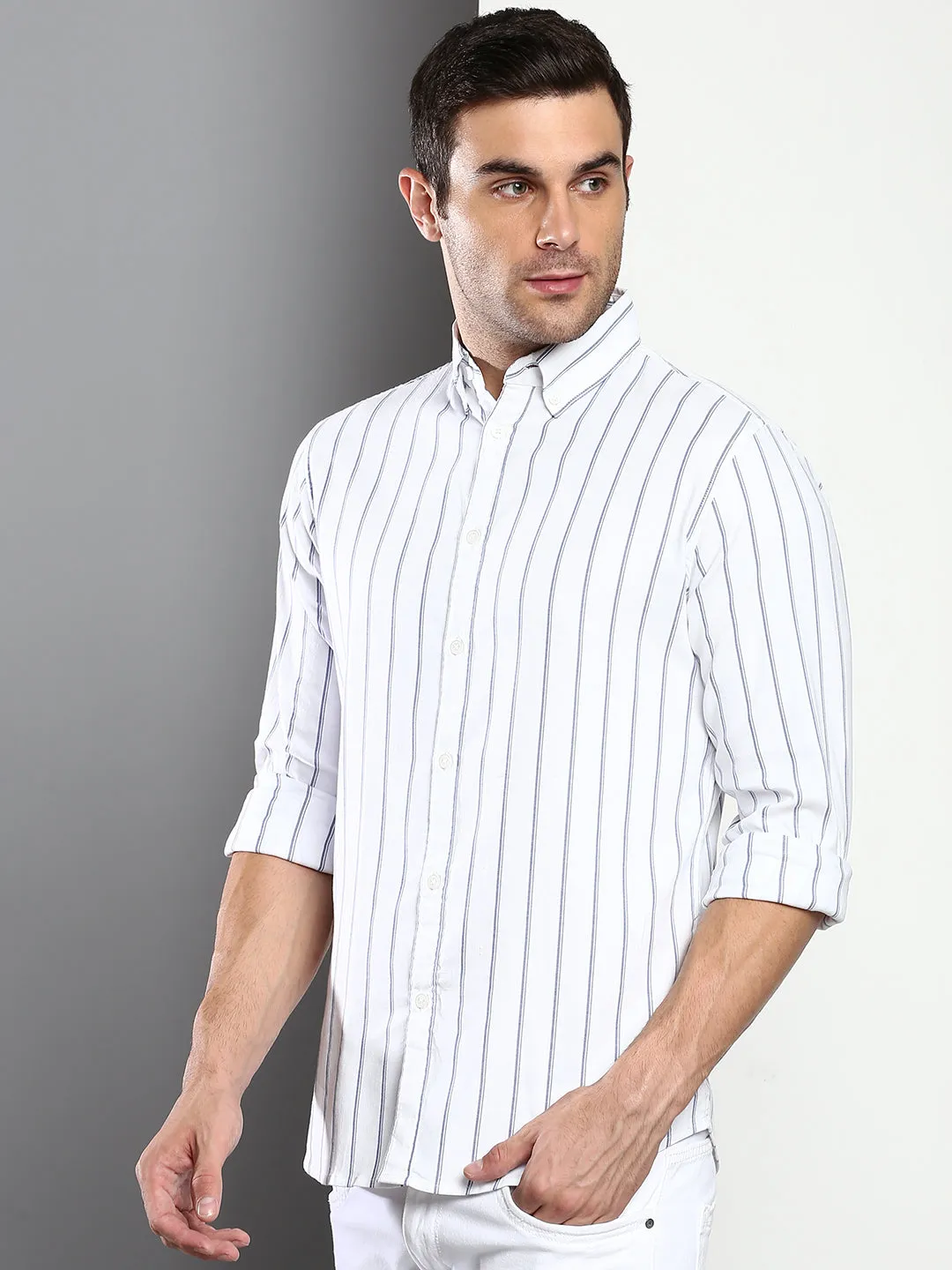 Men's Striped White Slim Fit Oxford Cotton Casual Shirt With Button Down Collar & Full Sleeves (C9040_White_S)