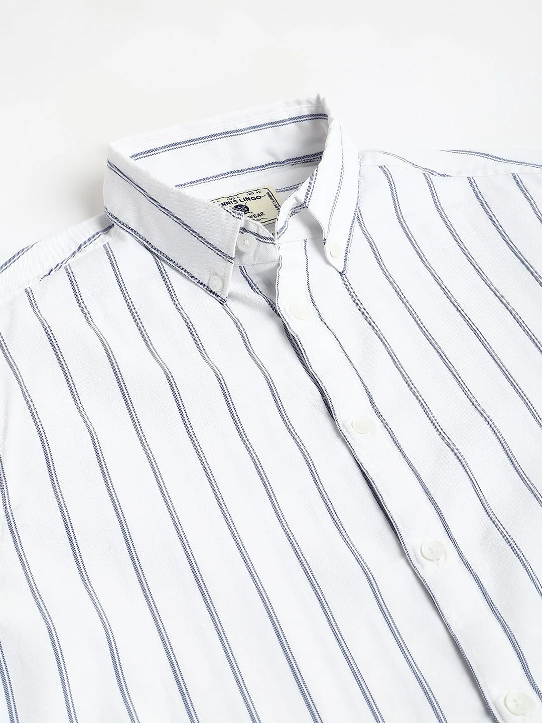 Men's Striped White Slim Fit Oxford Cotton Casual Shirt With Button Down Collar & Full Sleeves (C9040_White_S)