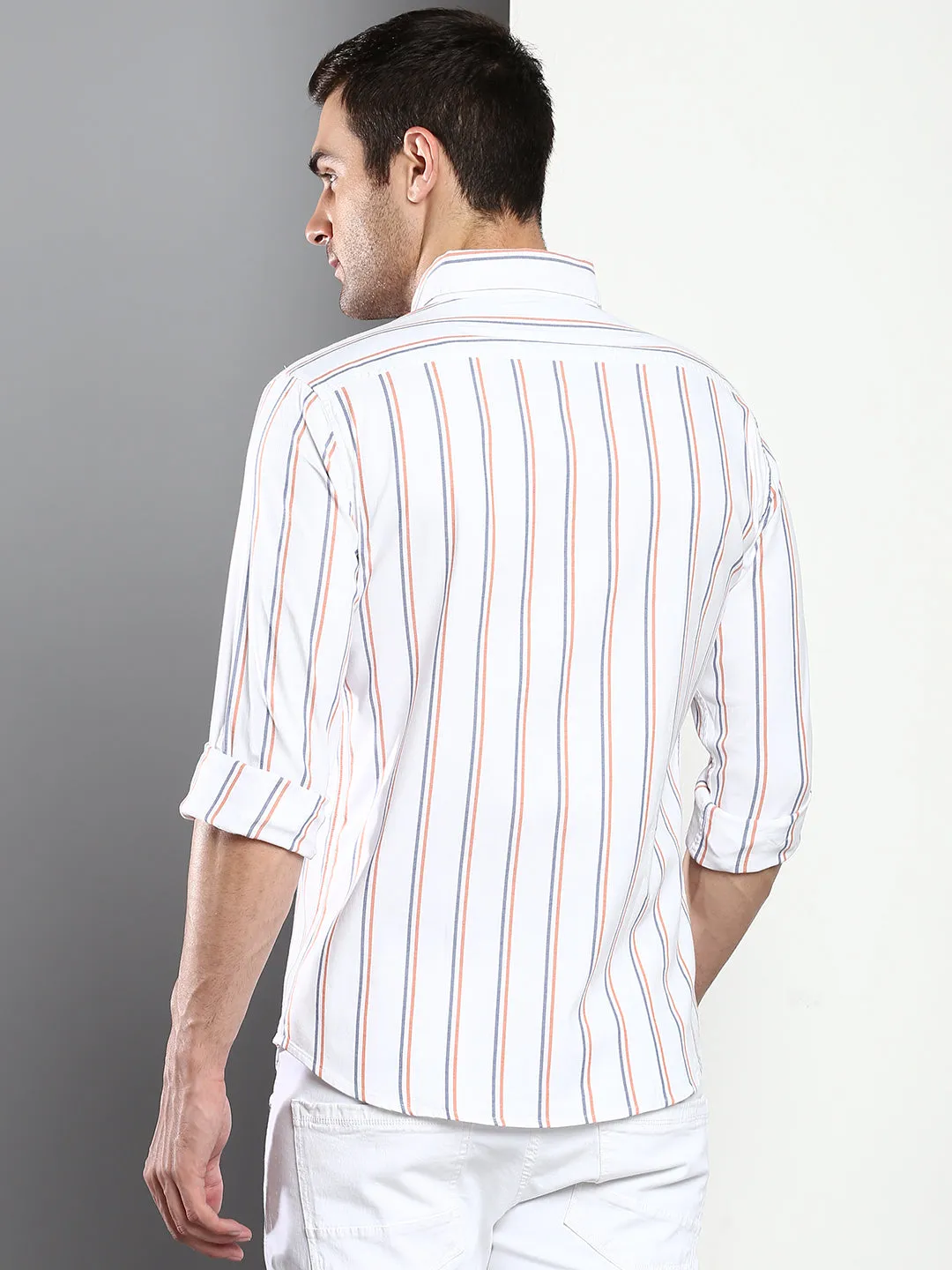 Men's Striped White Slim Fit Oxford Cotton Casual Shirt With Button Down Collar & Full Sleeves (C9041_White_S)
