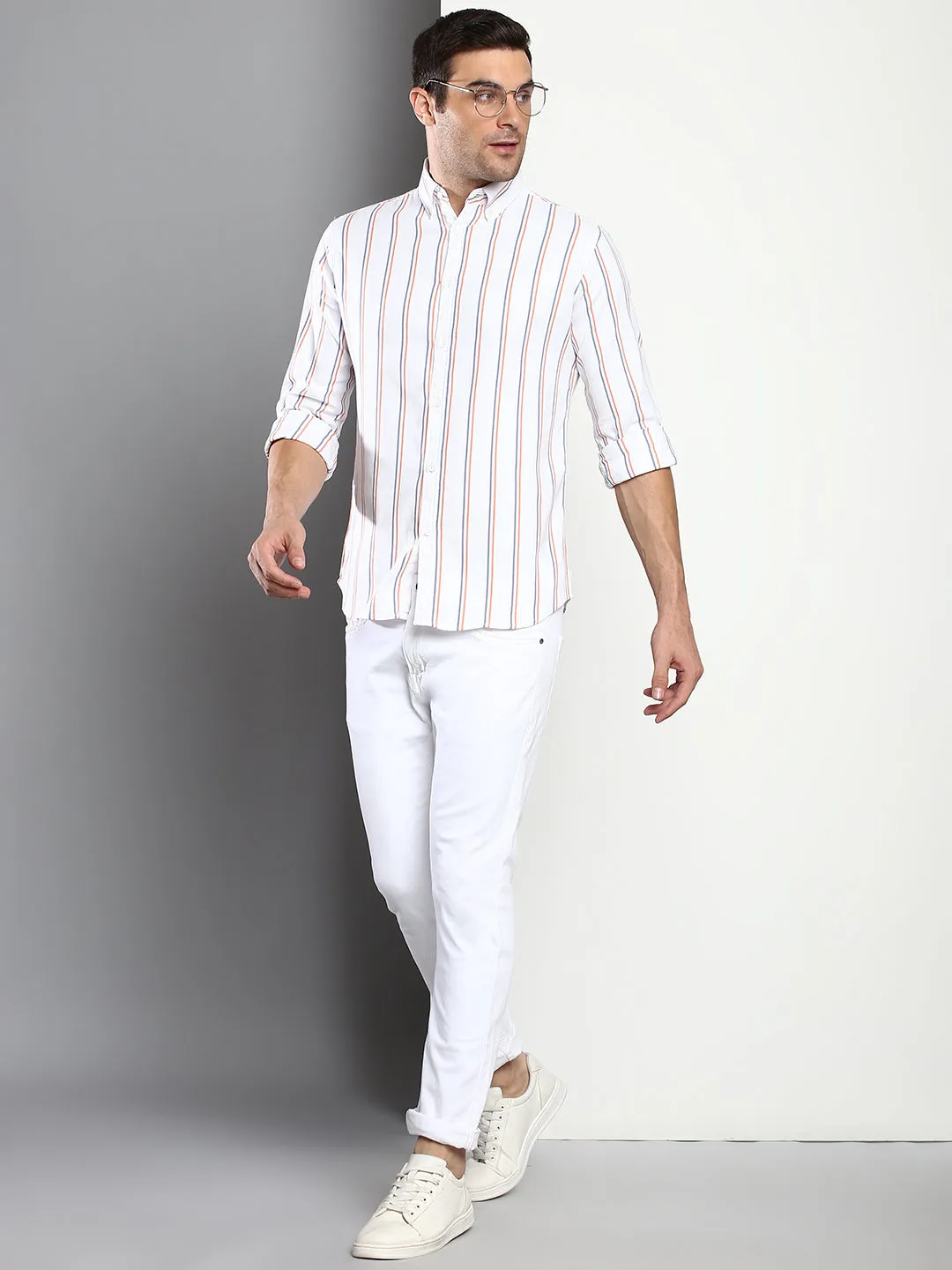 Men's Striped White Slim Fit Oxford Cotton Casual Shirt With Button Down Collar & Full Sleeves (C9041_White_S)