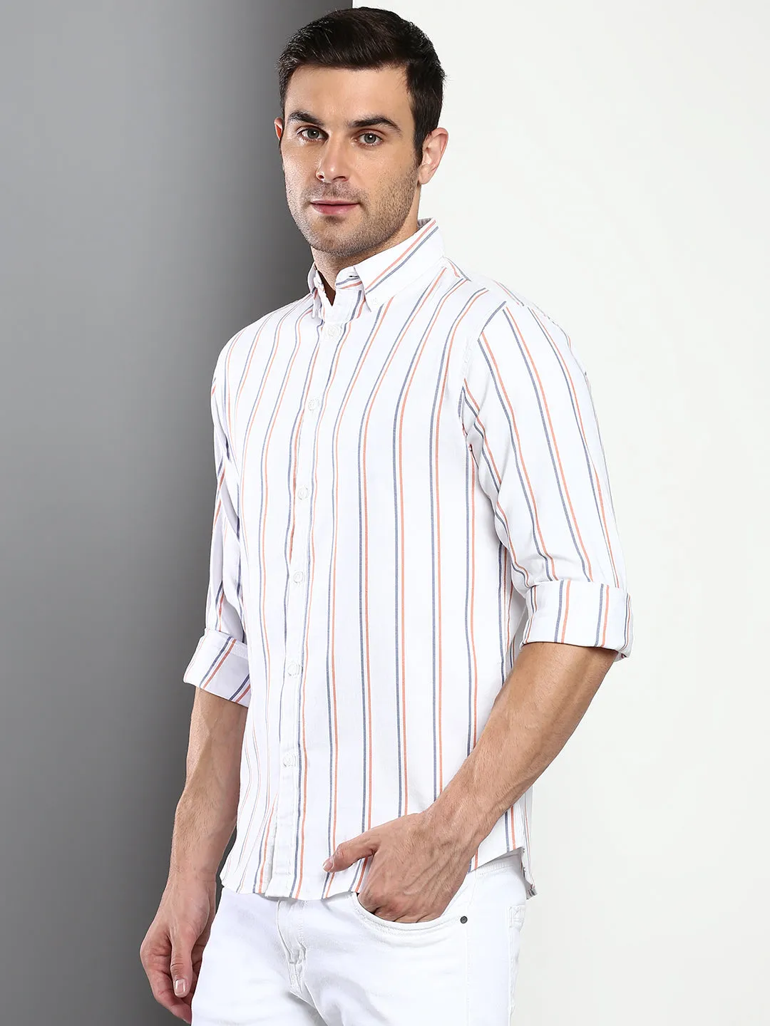 Men's Striped White Slim Fit Oxford Cotton Casual Shirt With Button Down Collar & Full Sleeves (C9041_White_S)