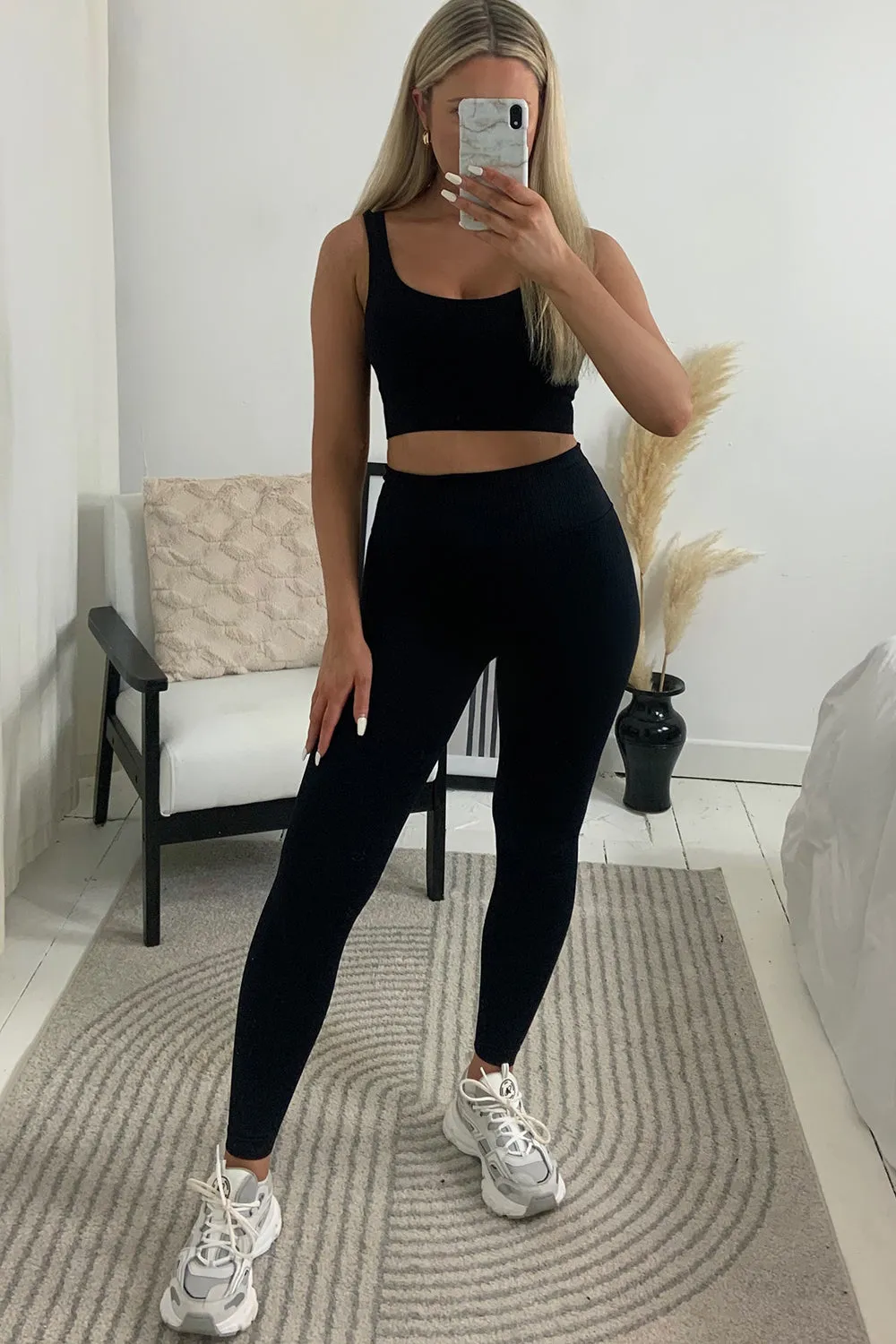 Oana Black Ribbed Cropped Bralet and Leggings Gym Set