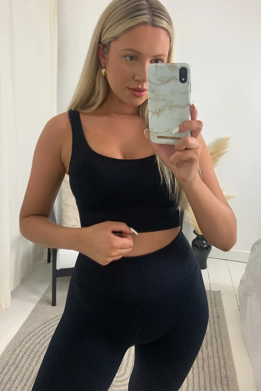 Oana Black Ribbed Cropped Bralet and Leggings Gym Set