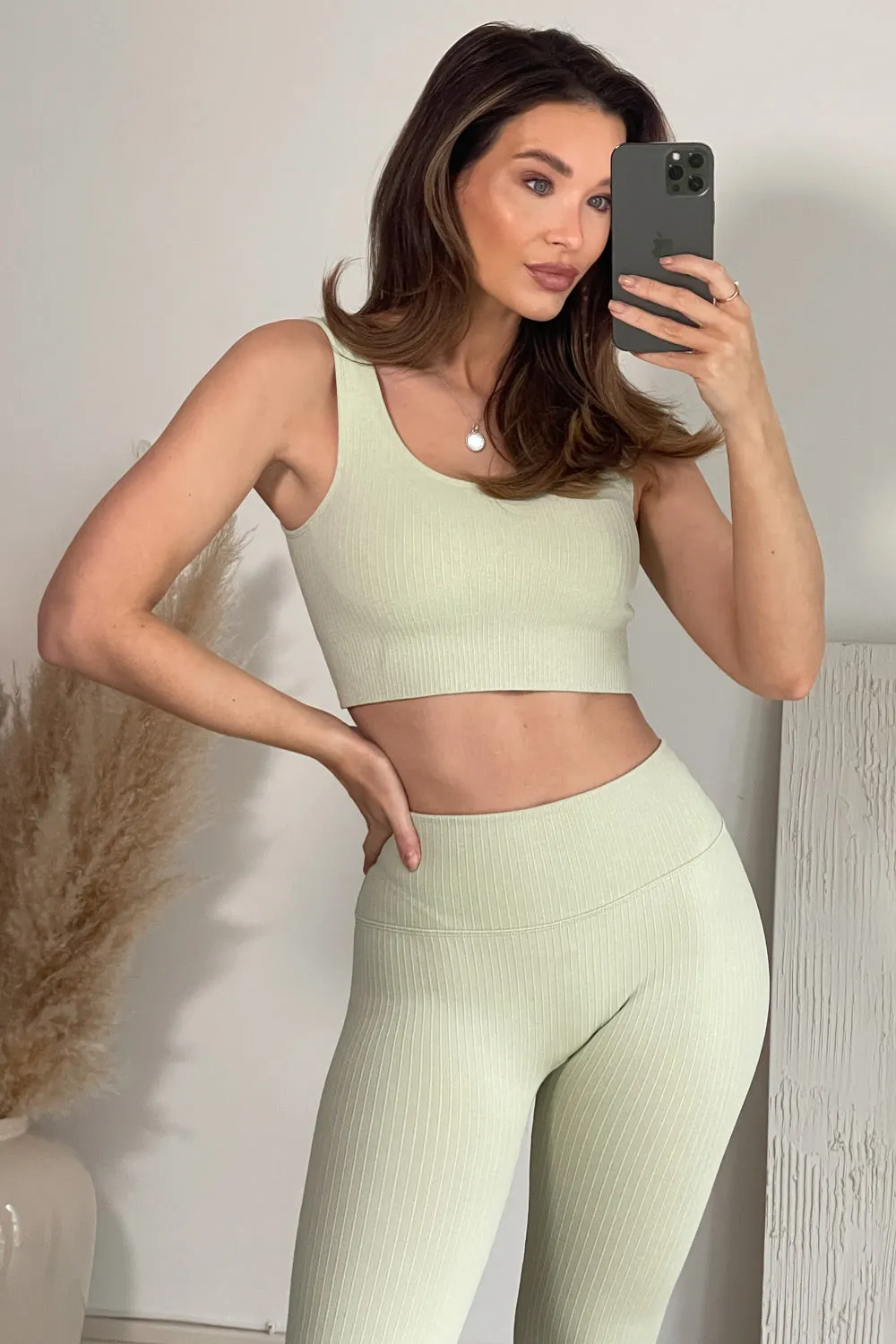 Oana Sage Ribbed Cropped Bralet and Leggings Gym Set
